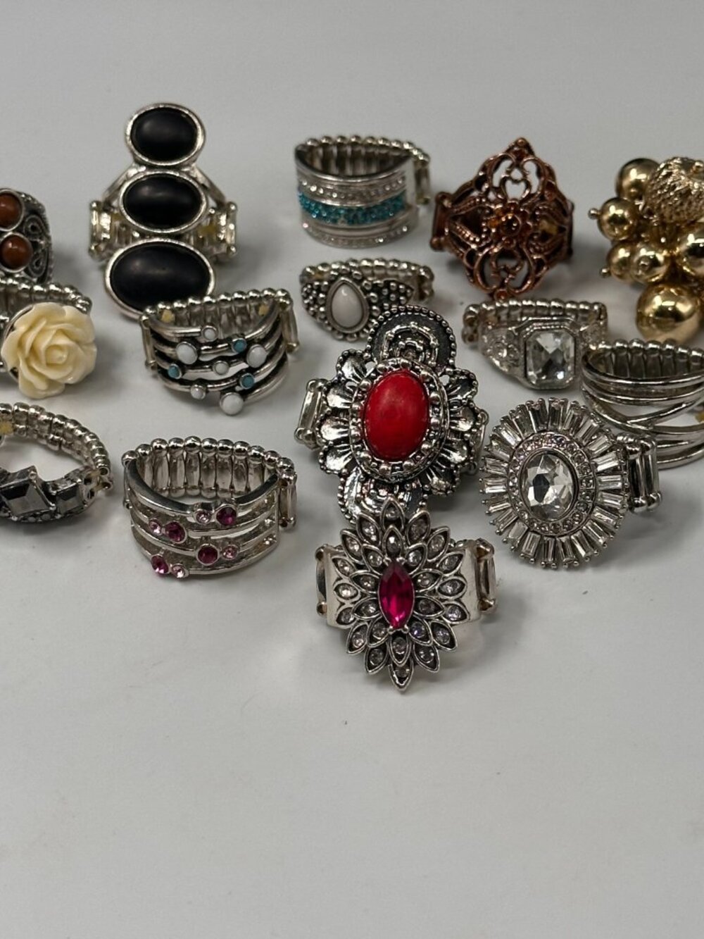 Stretch Band Ring Lot Statement Costume Rings Floral Faux Stones Rhinestones